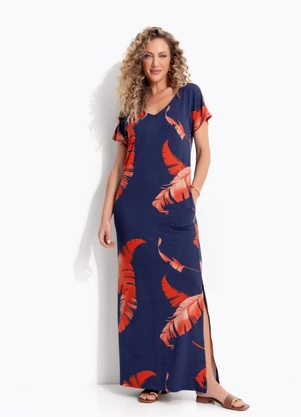 Quintess - Vestido Folhagem Telha em Malha de Viscose - QUINTESS