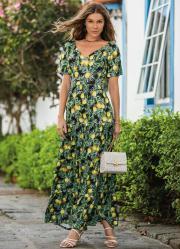 Vestido Folhagem Tropical com Bolsos e Camadas