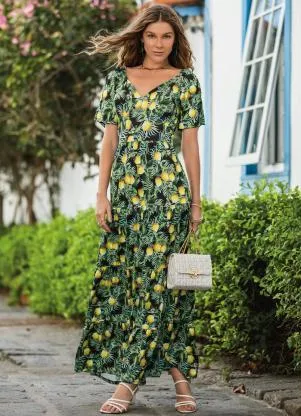 Quintess - Vestido Folhagem Tropical com Bolsos e Camadas - QUINTESS