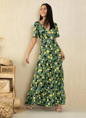 Quintess - Vestido Folhagem Tropical com Bolsos e Camadas - QUINTESS