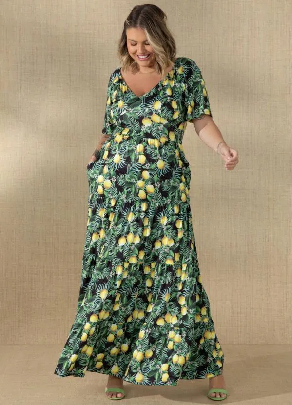 Quintess - Vestido Folhagem Tropical com Bolsos e Camadas