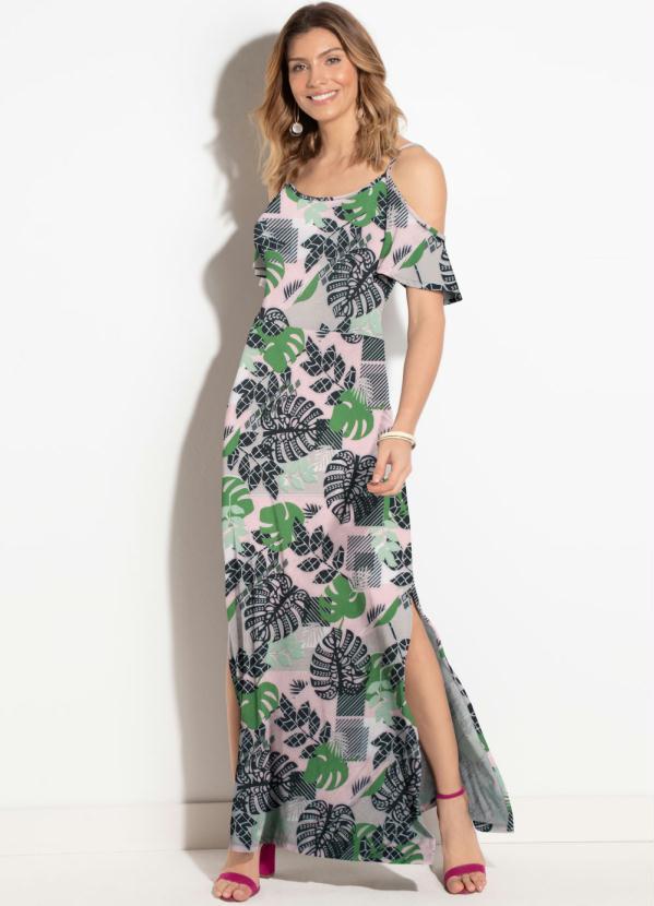 Quintess - Vestido Folhagem Verde com Fenda Ombros Vazados