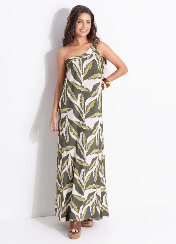 Quintess - Vestido Folhagem Verde em Malha de Viscose