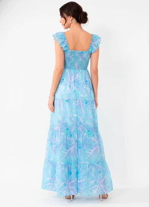 Quintess - Vestido Folhas Azuis com Mangas Babado - QUINTESS