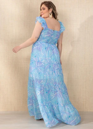 Quintess - Vestido Folhas Azuis com Mangas Babado - QUINTESS