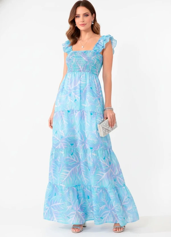 Quintess - Vestido Folhas Azuis com Mangas Babado