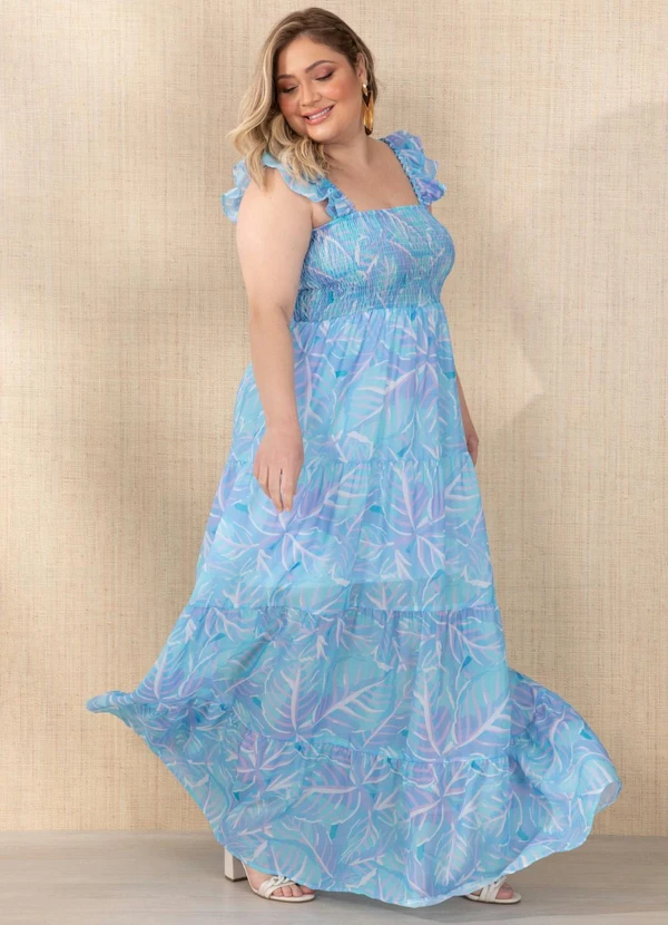 Quintess - Vestido Folhas Azuis com Mangas Babado 7