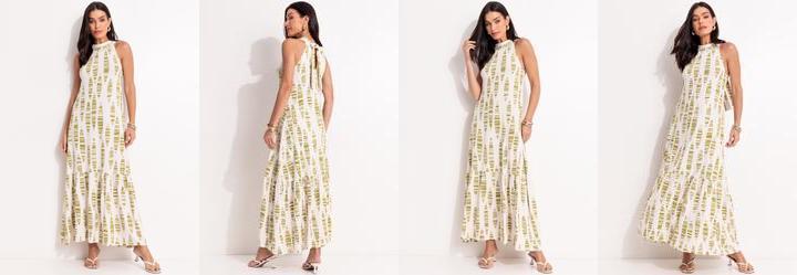 Vestido Folhas Listradas em Malha de Viscose