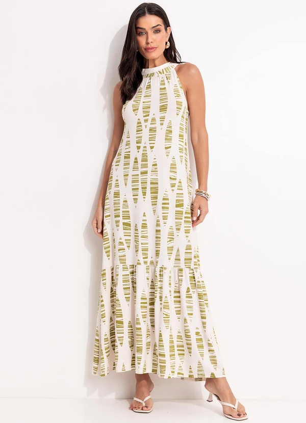 Quintess - Vestido Folhas Listradas em Malha de Viscose