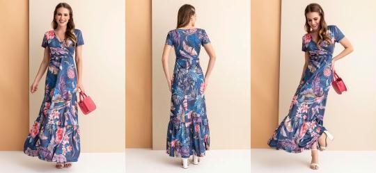 Vestido Folhas Marinho Com Babado