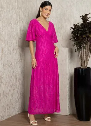 Quintess - Vestido Fucsia com Decote V e Mangas Curtas - QUINTESS