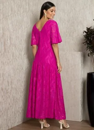 Quintess - Vestido Fucsia com Decote V e Mangas Curtas - QUINTESS