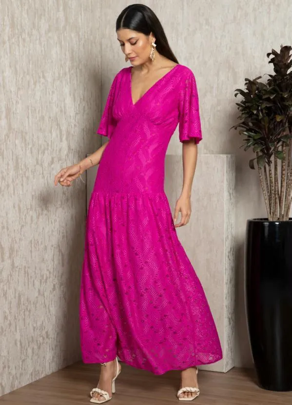 Quintess - Vestido Fucsia com Decote V e Mangas Curtas 6