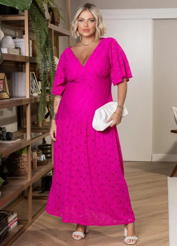 Quintess - Vestido Fucsia com Decote V e Mangas Curtas 2