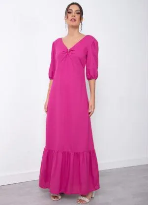 Quintess - Vestido Fúcsia com Detalhe no Decote Frente - QUINTESS