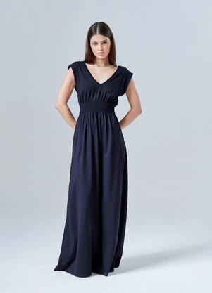 Basicamente - Vestido Gola V Longo Preto - BASICAMENTE