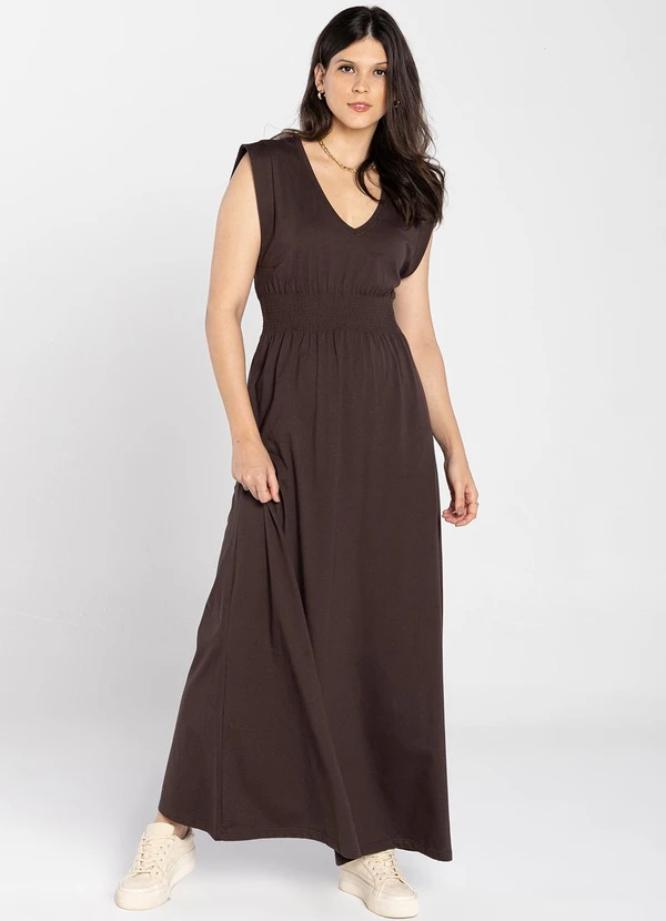 Basicamente - Vestido Gola V Longo Preto