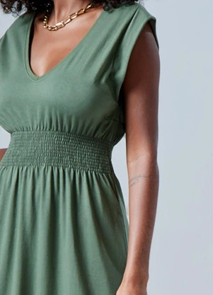 Basicamente - Vestido Gola V Longo Verde Figo - BASICAMENTE