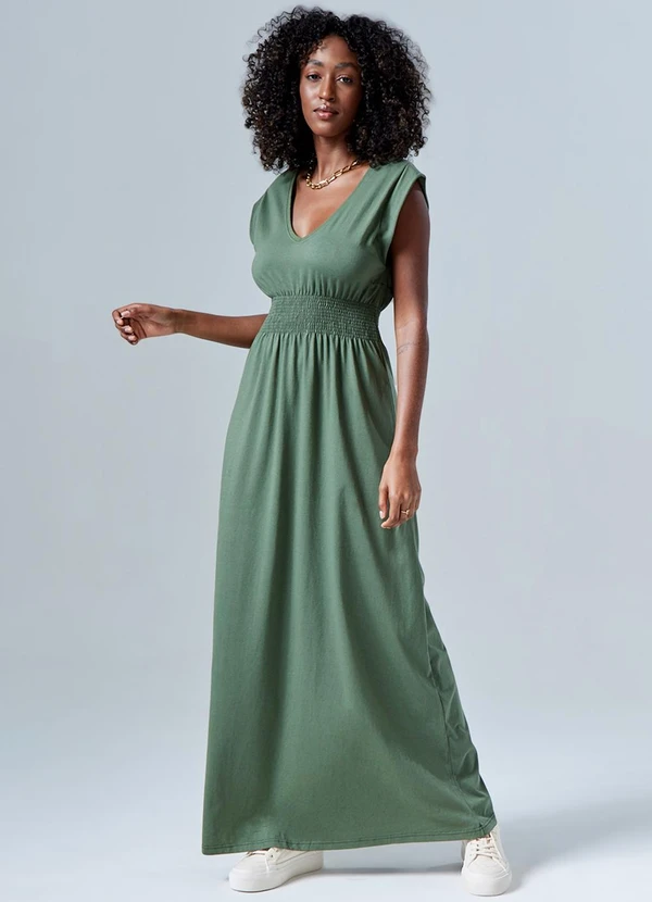 Basicamente Vestido Gola V Longo Verde Figo