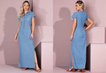 Vestido Jeans Claro Longo com Gola e Bolsos