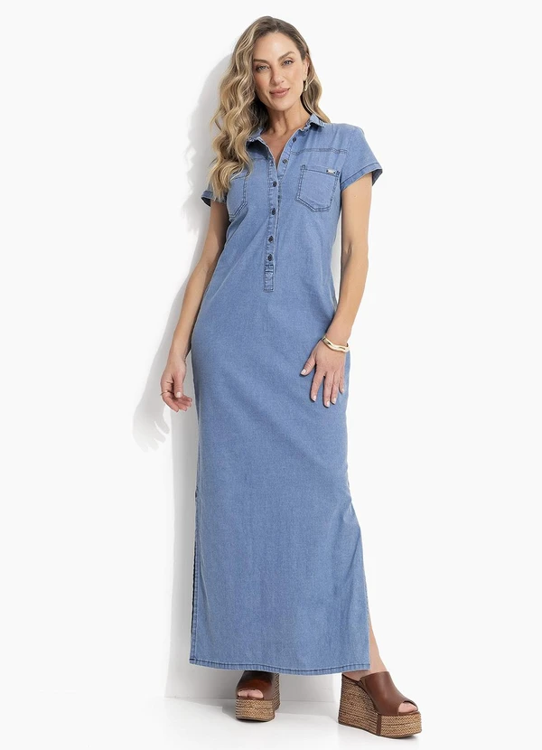 Quintess - Vestido Jeans Claro Longo com Gola e Bolsos 5
