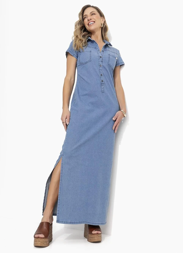 Quintess - Vestido Jeans Claro Longo com Gola e Bolsos 6