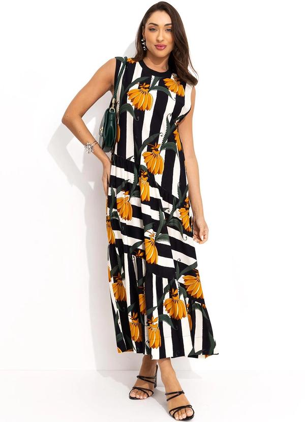 Farm - Vestido Listra de Banana Preto