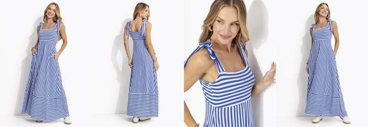 Vestido Listrado Azul e Branco em Canelado