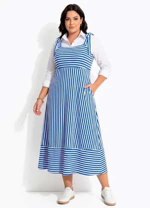 Quintess - Vestido Listrado Azul e Branco em Canelado - QUINTESS