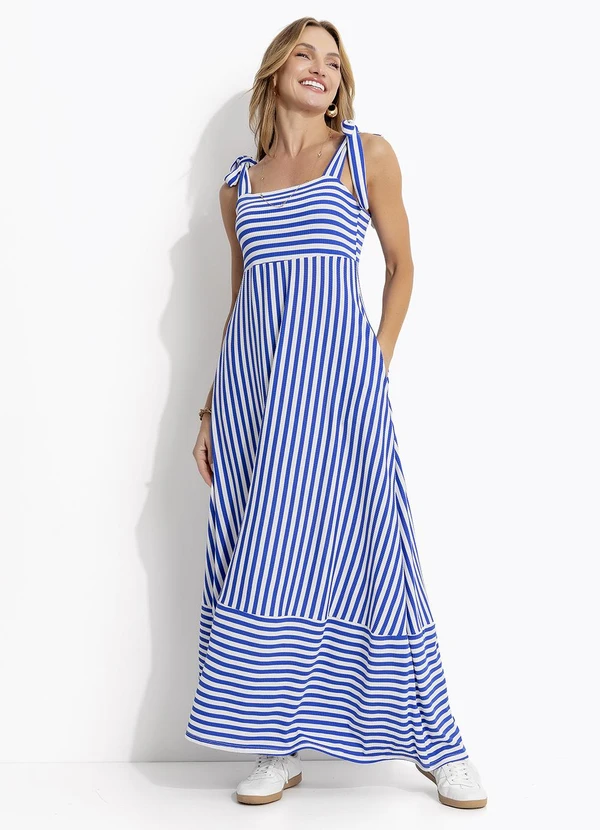 Quintess - Vestido Listrado Azul e Branco em Canelado
