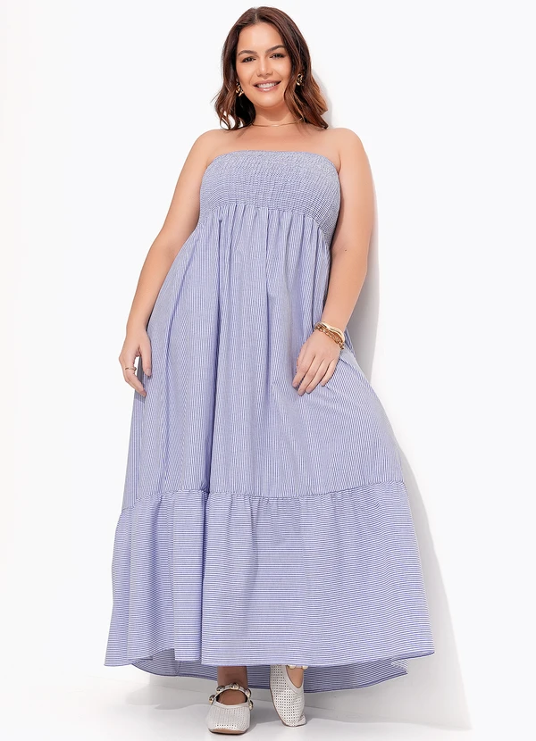 Quintess - Vestido Listrado Azul em Tricoline