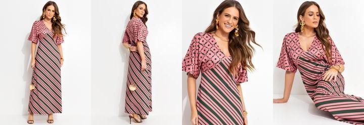 Vestido Longo em Malha Fria com Mix de Estampas e Decote V