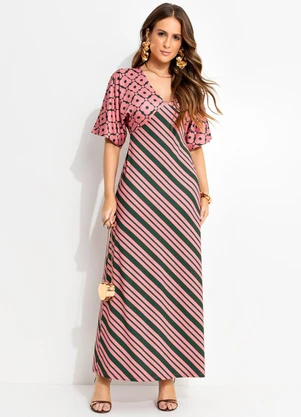 Quintess - Vestido Longo em Malha Fria com Mix de Estampas e Decote V - QUINTESS