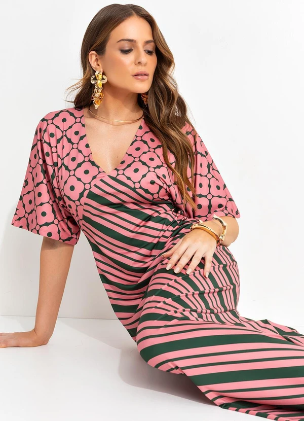 Quintess - Vestido Listrado Bicolor em Malha Fria