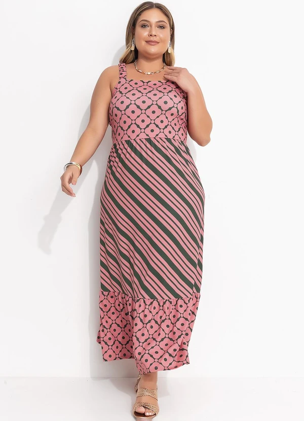 Quintess - Vestido Midi Malha Fria Estampado com Alças Franzidas e Babado 3