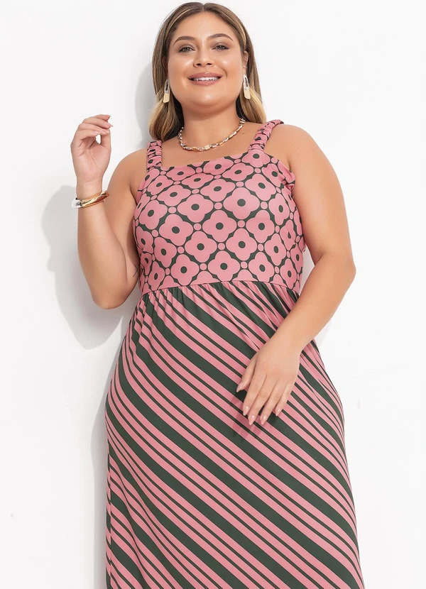 Quintess - Vestido Midi Malha Fria Estampado com Alças Franzidas e Babado