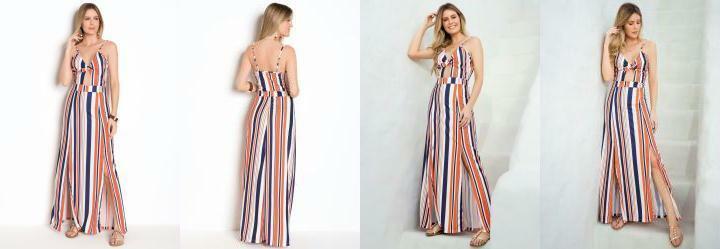 Vestido Listrado com Lao no Decote e Fendas