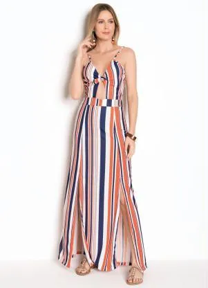 Moda Pop - Vestido Listrado com Laço no Decote e Fendas - MODA POP