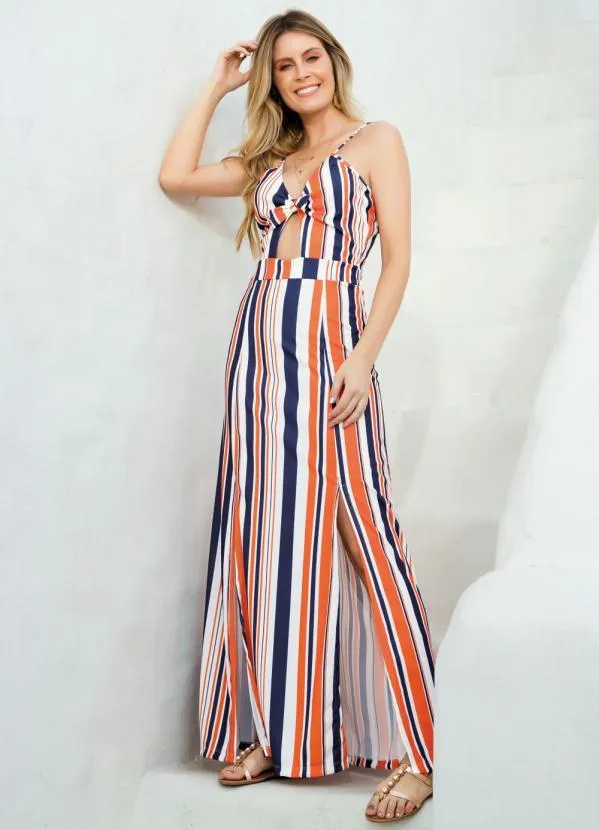 Moda Pop - Vestido Listrado com Laço no Decote e Fendas 3