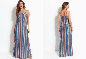 Vestido Listrado Longo com Alas