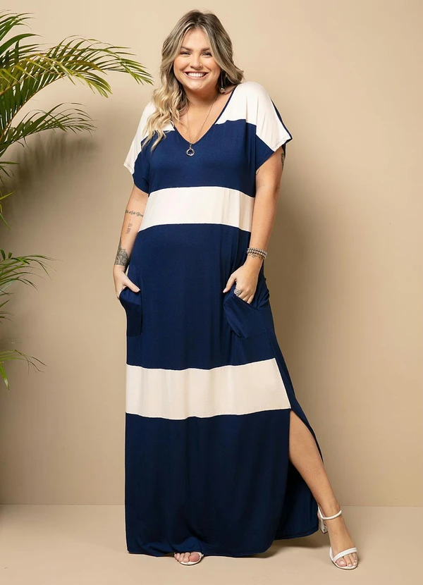 Quintess - Vestido Listrado Longo Soltinho com Fenda