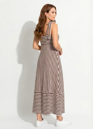 Quintess - Vestido Listrado Marrom e Branco em Canelado - QUINTESS