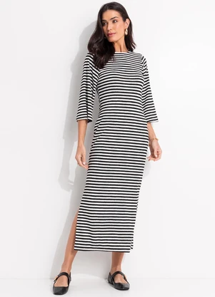Quintess Vestido Listrado Preto e Branco em Meia Malha
