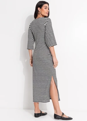 Quintess - Vestido Listrado Preto e Branco em Meia Malha - QUINTESS