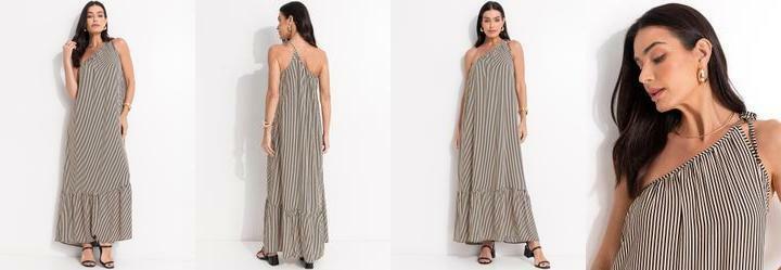 Vestido Listrado Preto em Viscose Plana