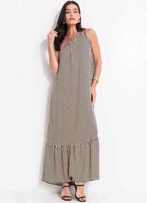 Quintess - Vestido Listrado Preto em Viscose Plana - QUINTESS