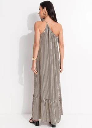 Quintess - Vestido Listrado Preto em Viscose Plana - QUINTESS