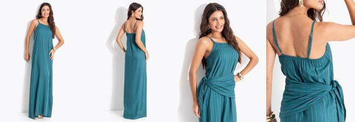 Vestido Listrado Verde em Viscose Plana
