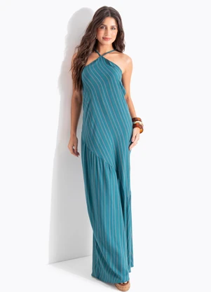 Quintess - Vestido Listrado Verde em Viscose Plana - QUINTESS