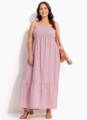 Quintess - Vestido Listrado Vermelho Claro em Tricoline - QUINTESS